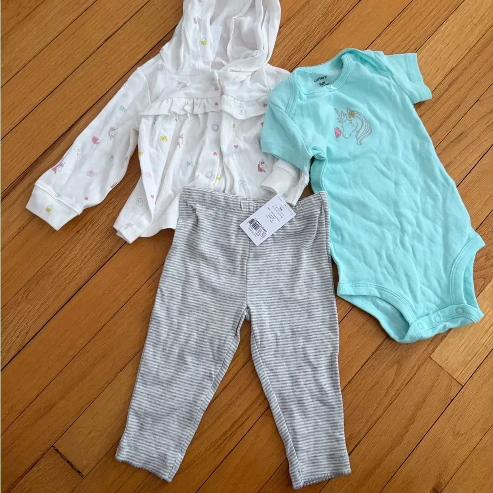 Carter's White Hooded Cardigan, Teal Bodysuit & Gray Stripe Pants Set size 9m